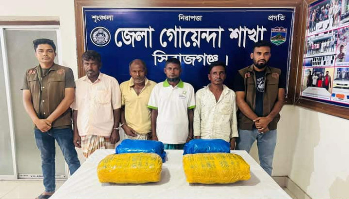 সিরাজগঞ্জ ডিবি পুলিশ কর্তৃক ২০ কেজি মাদকদ্রব্য গাঁজা উদ্ধারসহ ০৪ জন মাদক কারবারি আটক।